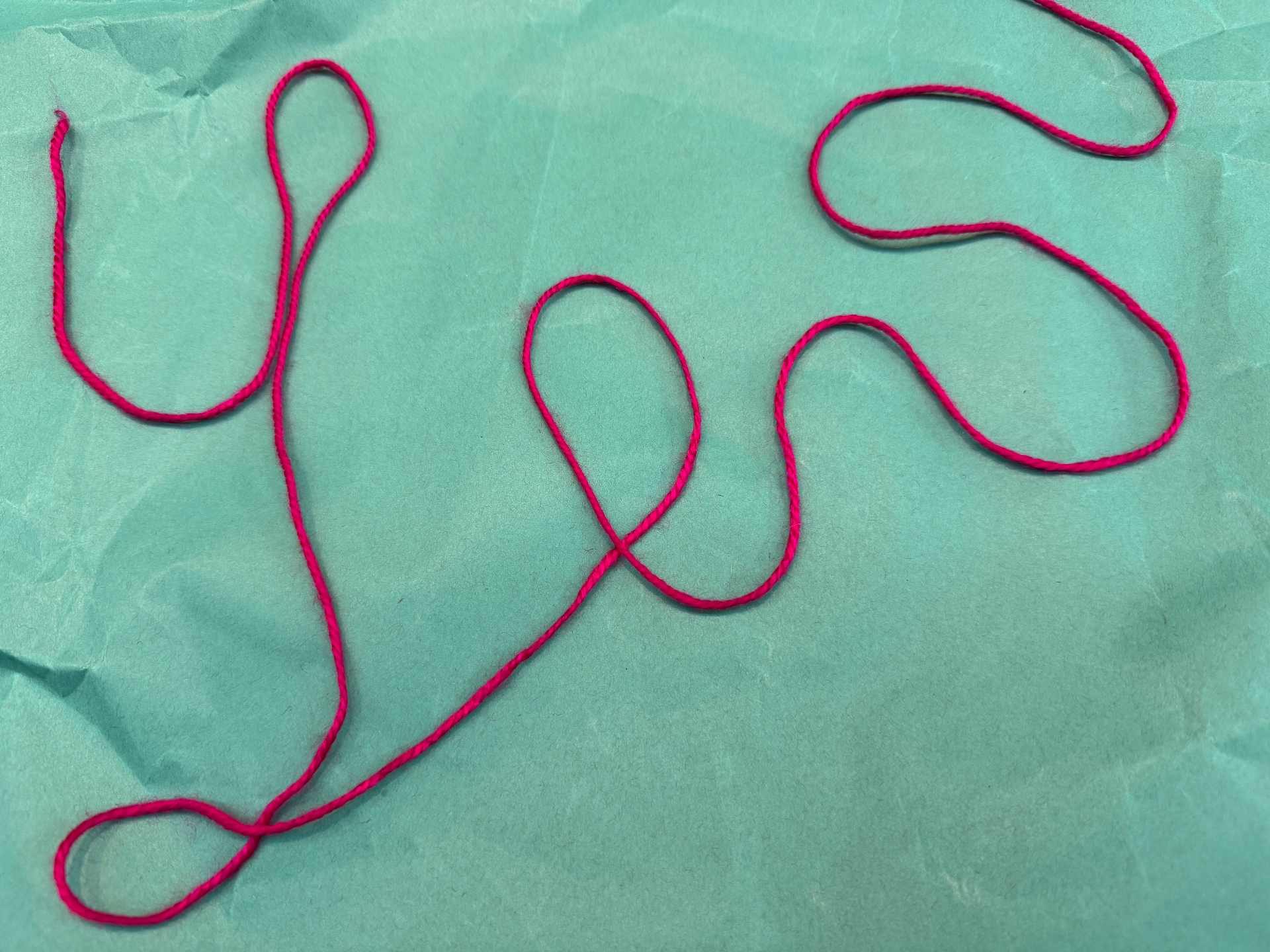 Bright pink cord looped across a teal paper background