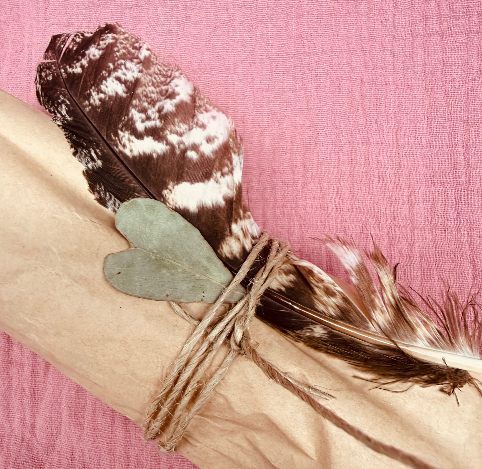 A speckled feather and green leaf tied with twine on pink and cream fabric