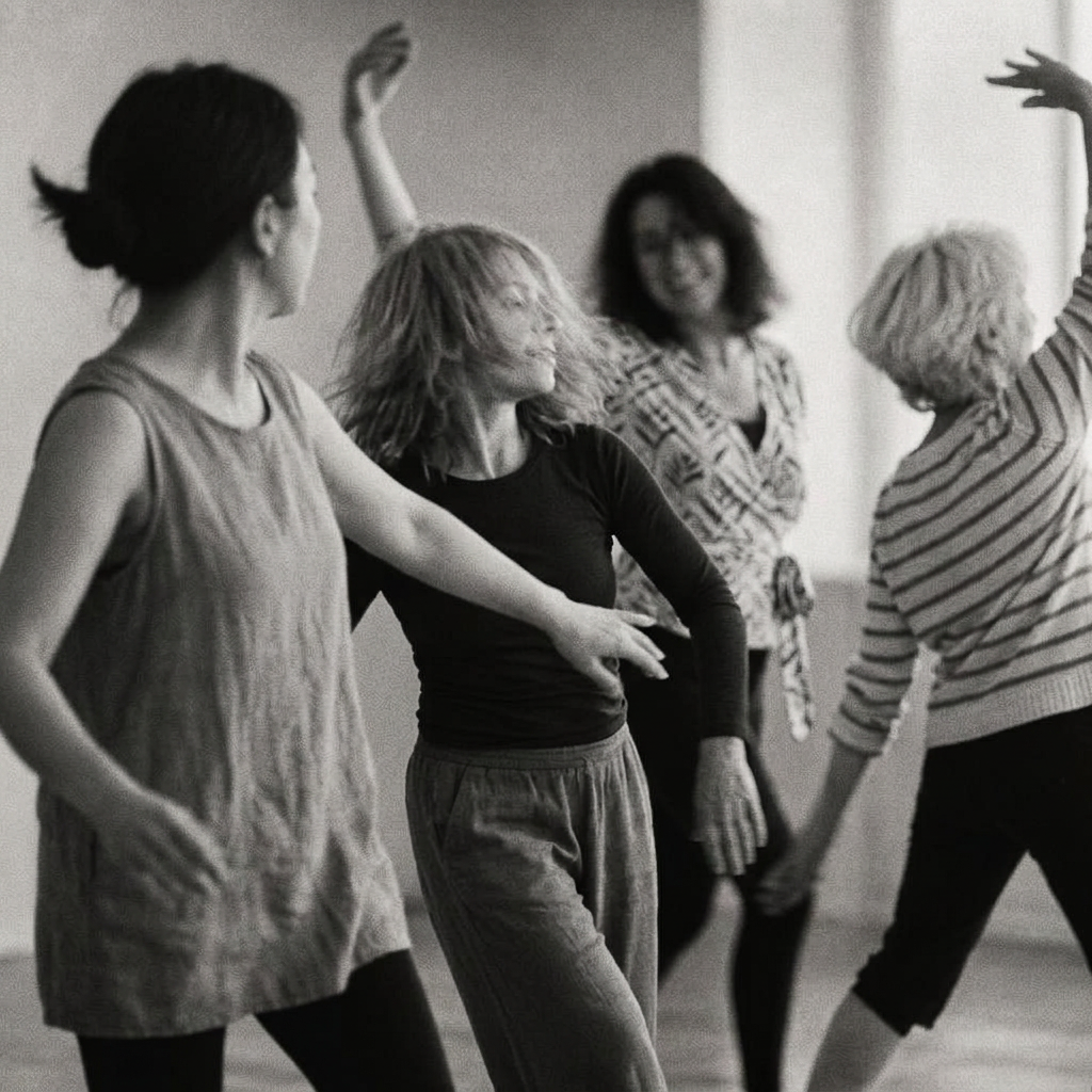 Women moving freely and expressively in an outdoor field